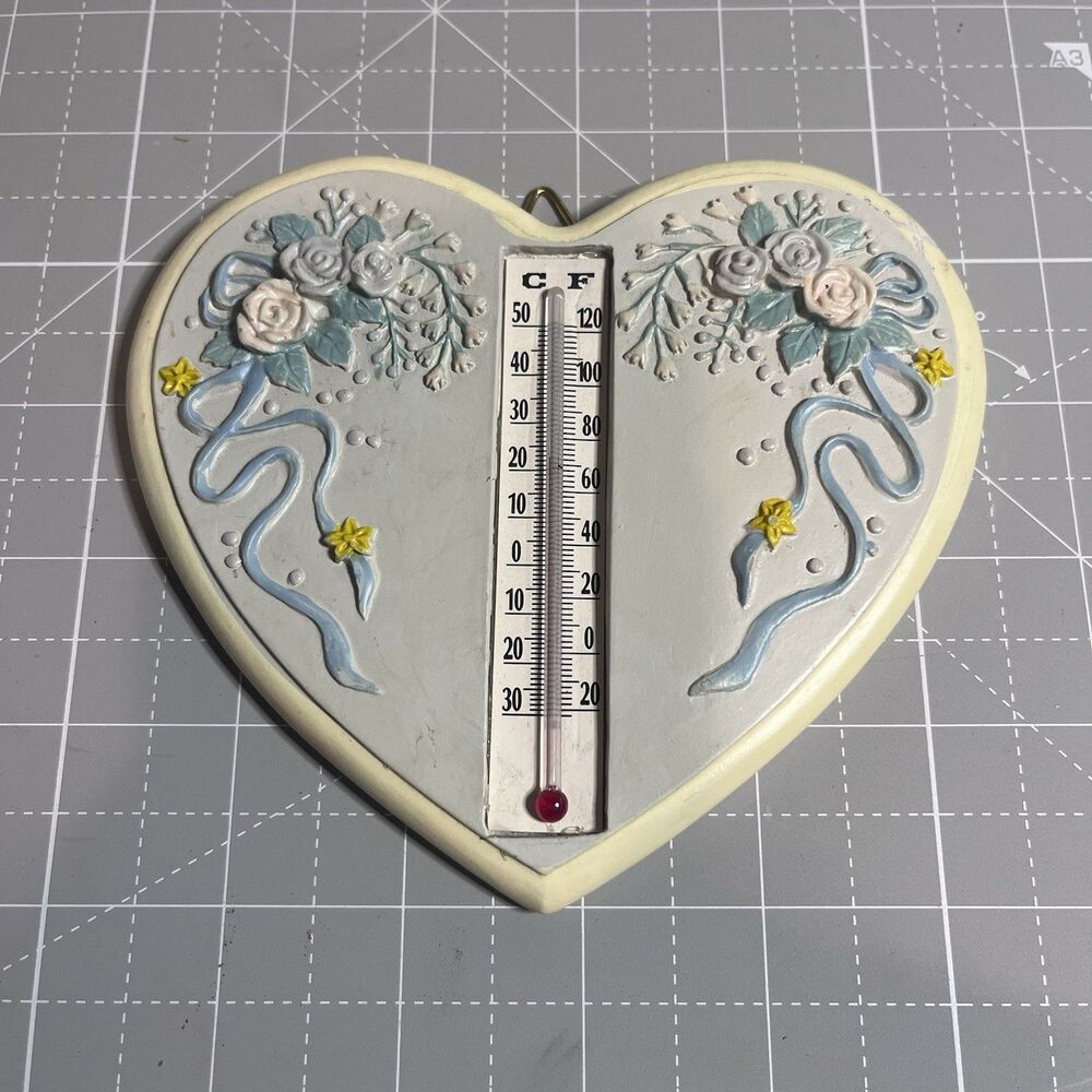 Thermometer Heart Shaped W/ Flower Bouquet 90’s Vintage Blue Floral Bow Bonita